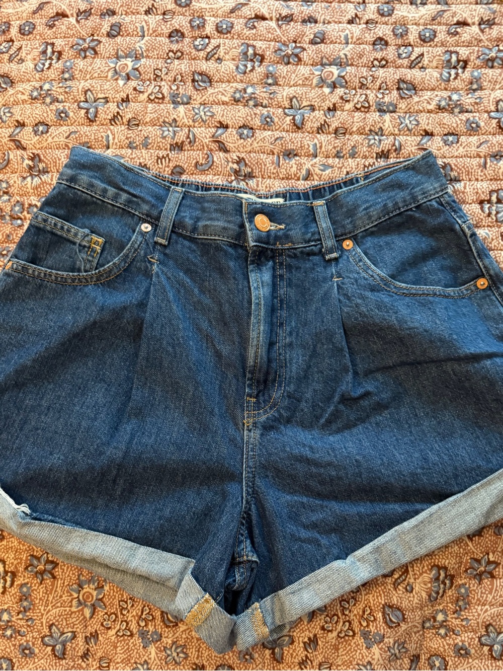 We The Free Dark Blue High-Rise Rolled Hem Denim Shorts